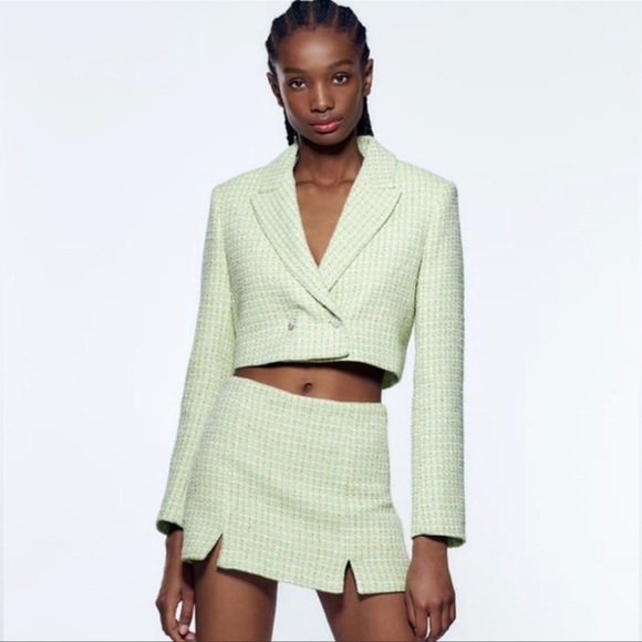 Zara Jackets & Blazers - Zara Light Green Tweed Cropped Blazer